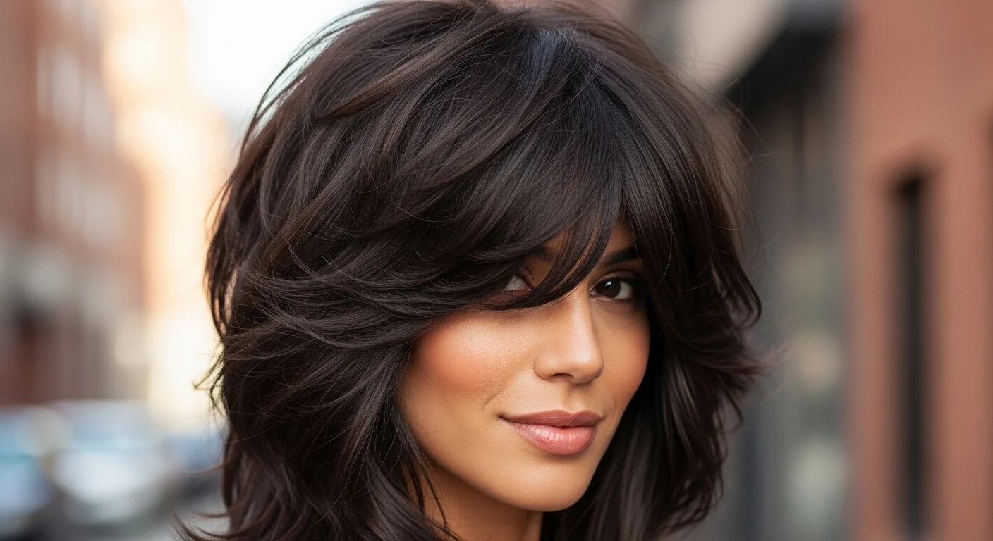 Voluminous Brunette Shag With Side-Swept Bangs